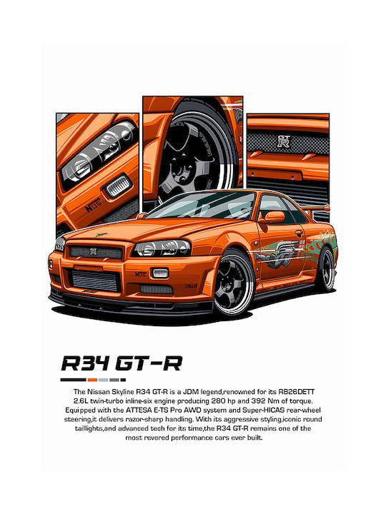 Poster Nissan Skyline R34 Gt-r Cr041 21cm X 30cm Λευκό Κάδρο Pvc