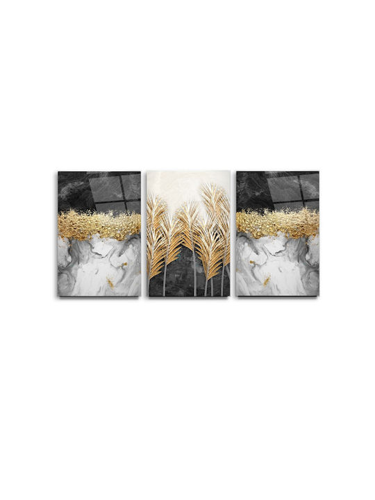 Threefold Glass Set With Marble Background and Gray Flowers (60x90cm)