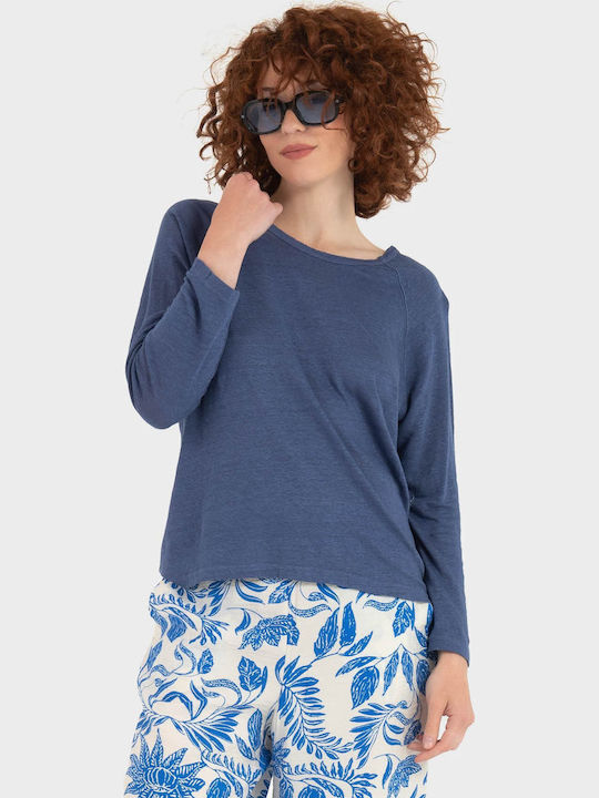 Women's Summer Crop Top Linen Long Sleeve Indigo