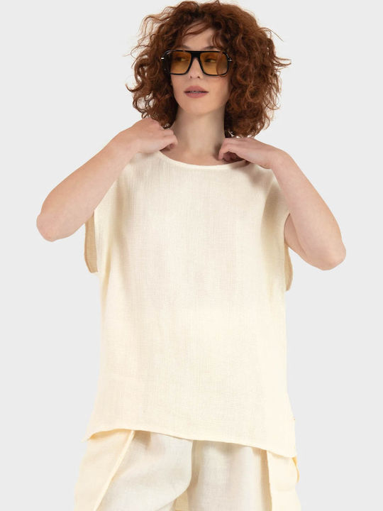 Damen Sommer Leinen Bluse Ecru