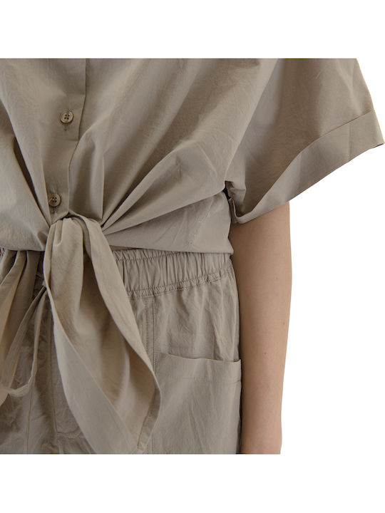 Damen Hochbund Stoff Capri Hosen mit Gummiband Beige S26B3208-Light-Khaki