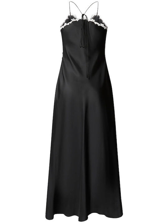 Summer Midi Slip Dress for Wedding - Christening Satin with Lace Black