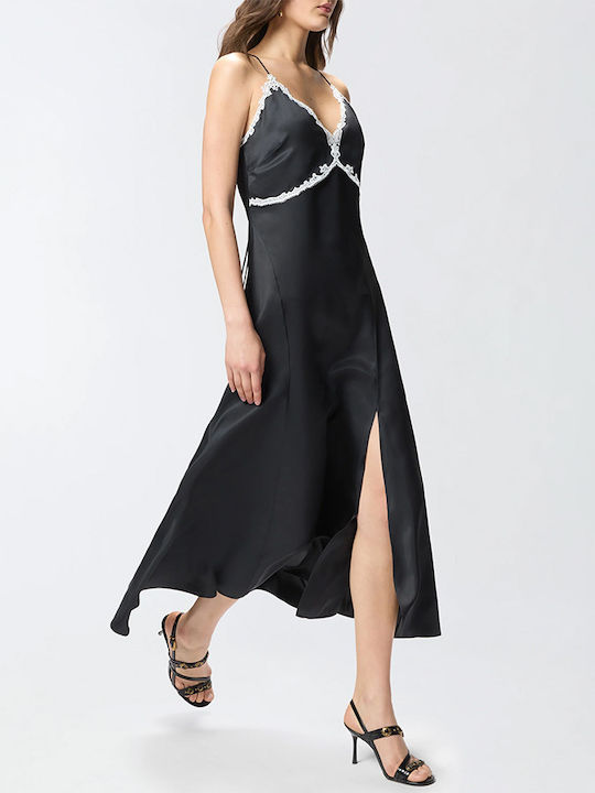 Summer Midi Slip Dress for Wedding - Christening Satin with Lace Black
