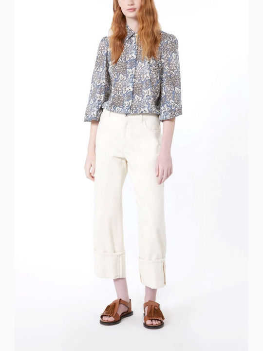 Long Sleeve Women's Shirt Light Blue-Ecru Floral