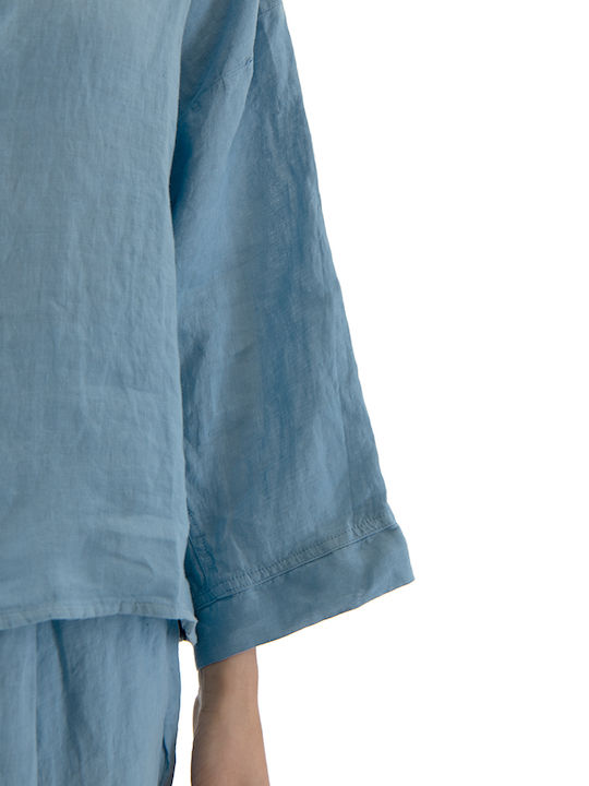 Short Sleeve Women's Linen Shirt Light Blue