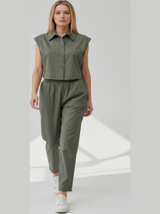 Damen Stoffhose mit Gummiband Chaki
