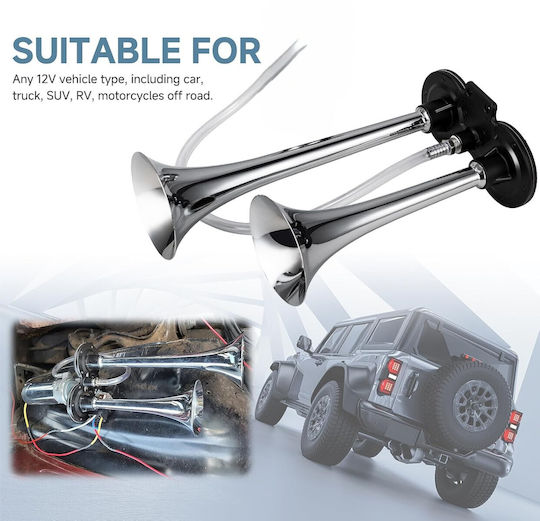 Claxon Electric Cu 2 Cornuri Compresor Zola 12v 150 Db Universal Crom Accesorii Montare Metalice
