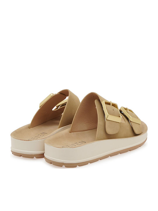 Leder Flache Sandalen für Damen Beige