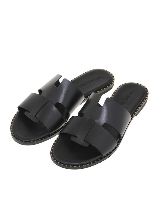Leder Flache Sandalen Für Damen Schwarz