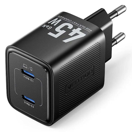 Vention GaN Charger With 2 USB-C Ports And USB-C - USB-C Cable 30W Power Delivery Gray