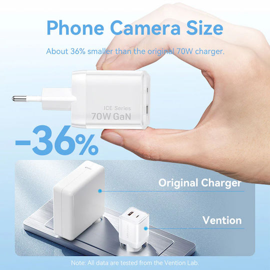 Vention Φορτιστής Χωρίς Καλώδιο GaN με Θύρα USB-A και Θύρα USB-C 70W Ροζ (FCGP0-EU)