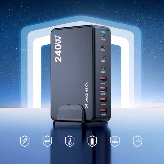 Wozinsky Charging Stand GaN with 3 USB-A Ports and 5 USB-C Ports 240W Power Delivery / Quick Charge 4.0 in Black color (WSL-240)
