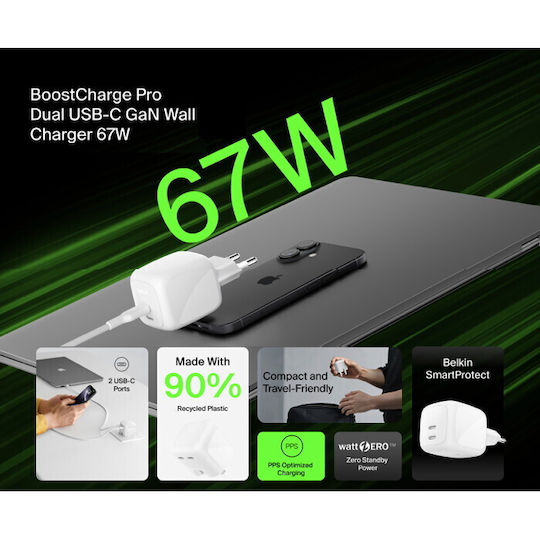 Belkin Charger Without Cable GaN with 2 USB-C Ports 67W Power Delivery Whites (BoostCharge Pro)