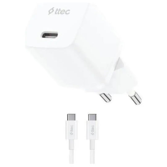 TTEC GaN Charger with USB-C Port and USB-C - USB-C Cable 30W Power Delivery White SmartCharger