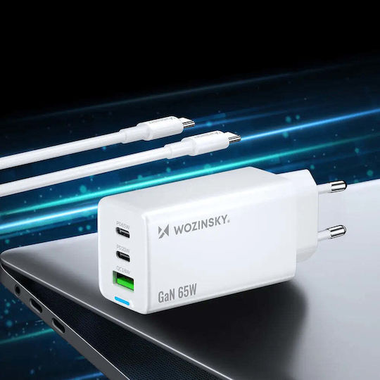Wozinsky Charger GaN with USB-A Port and 2 USB-C Ports and Cable USB-C - USB-C 65W Whites