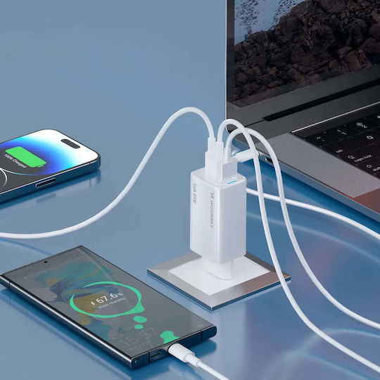 Wozinsky Charger GaN with USB-A Port and 2 USB-C Ports and Cable USB-C - USB-C 65W Whites