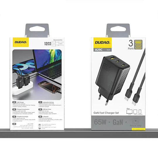 Dudao Charger GaN with USB-A Port and 2 USB-C Ports and Cable USB-C - USB-C 65W Power Delivery Blacks (A29)