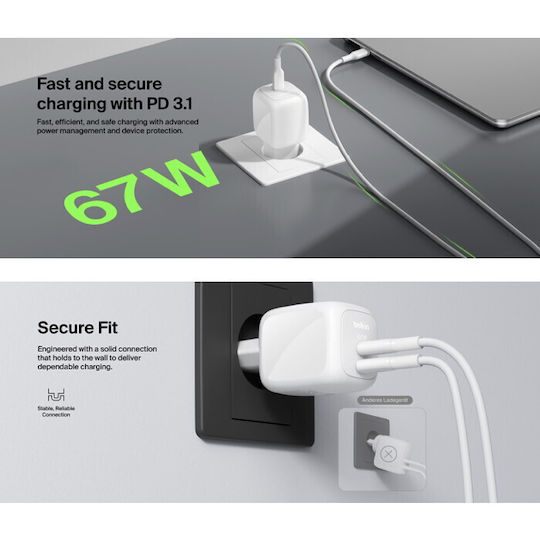 Belkin Charger GaN with 2 USB-C Ports and Cable USB-C - USB-C 67W Power Delivery Whites (BoostCharge Pro)
