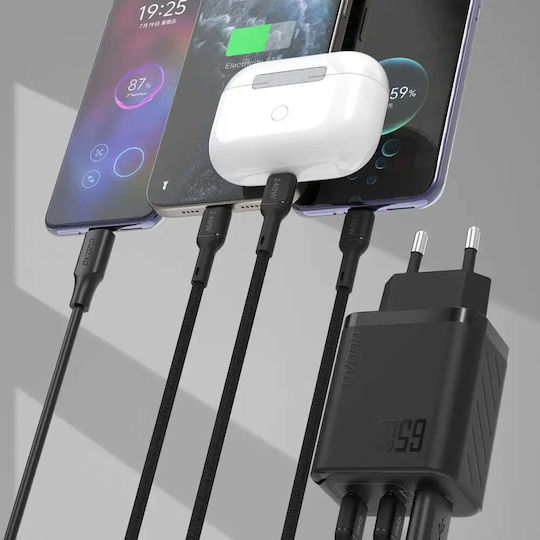 Dudao Charger Without Cable GaN with USB-A Port and 2 USB-C Ports 65W Power Delivery Blacks (A29)