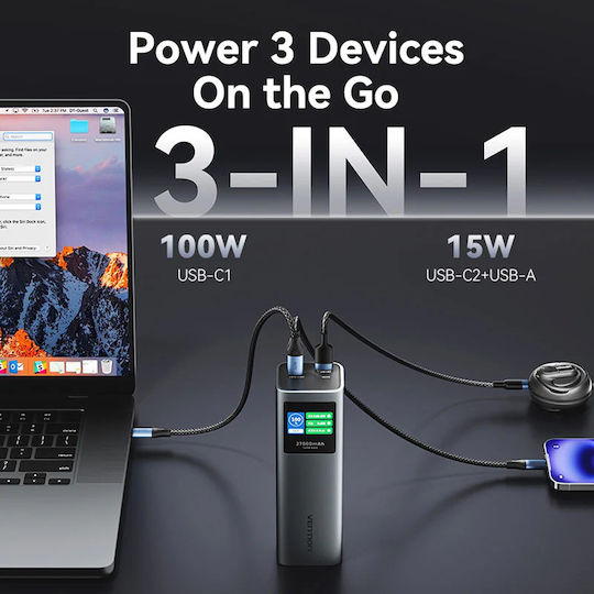 Vention FKE Power Bank 27000mAh 140W with USB-A Output Port and 2 USB-C Output Ports Power Delivery Quick Charge 3.0 Grey