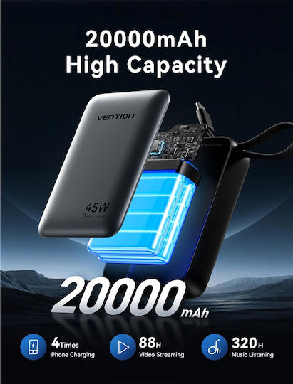 Vention FHG Power Bank 20000mAh 45W With USB-A Output Port And USB-C Output Port Power Delivery PPS Grey