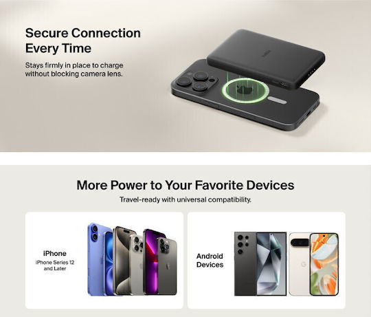 Belkin BoostCharge Slim Magnetic MagSafe Power Bank 5000mAh με Θύρα USB-C Λευκό