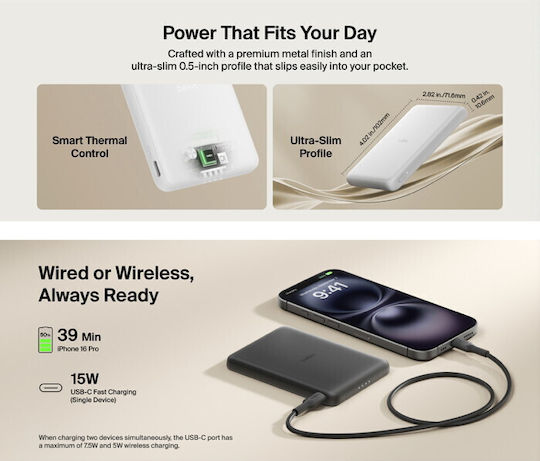 Belkin BoostCharge Slim Magnetic Power Bank 5000mAh 5W with USB-C Port Black