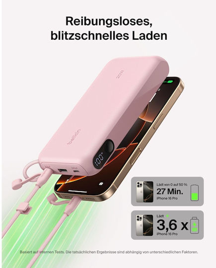 Belkin Power Bank 20000mAh 20W mit USB-A Ausgangsanschlüsse und 2 USB-C Ausgangsanschlüsse Stromlieferung Rosa