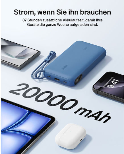 Belkin Power Bank 20000mAh 20W with USB-A Port and 2 USB-C Power Delivery Ports Blue