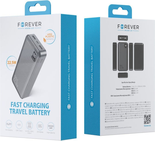 Forever TB-300L Power Bank 20000mAh 22.5W with 2 USB-A Ports and USB-C Port Power Delivery Black