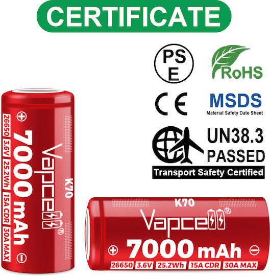 Battery Vapcell 26650 K70 7000mah 30a