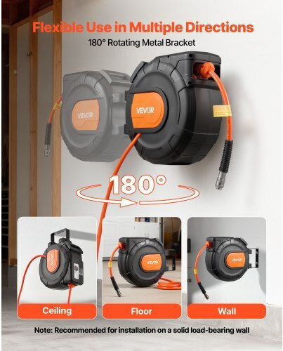 Vevor Retractable Air Hose Reel 20m X 9.5mm Pvc Air Hose Max 300psi Enclosed Air-compressor Hoses Reel Auto Rewind 2m Lead In 180° Swivel Ceiling Wall Mount Garages Workshops