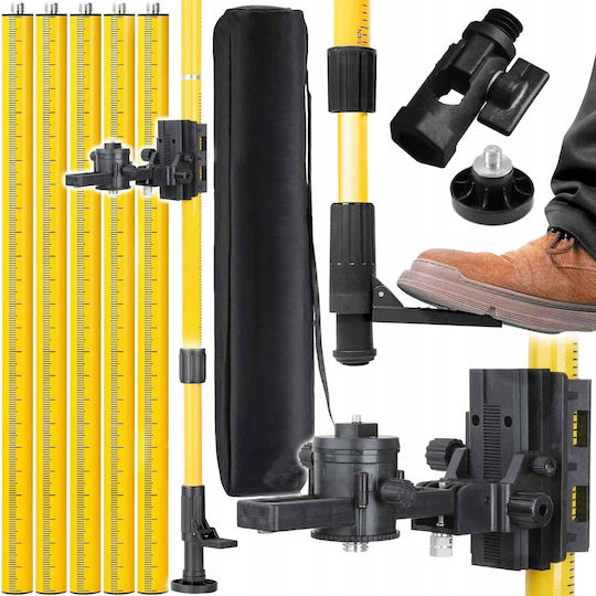 Telescopic Rod Laser Level Zola 5/8″ Thread Maximum Height 4.2 M Tilt Angle Adapter 360° Rotation Locking System Storage Case Black Yellow