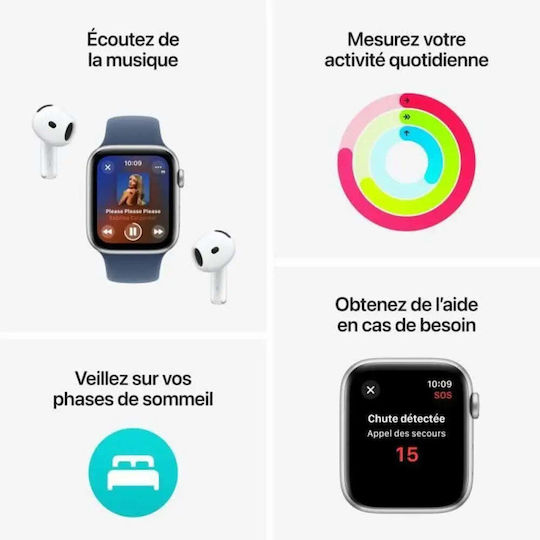 Apple Watch SE 2024 Aluminum 44mm Waterproof with Heart Rate Monitor (Silver with Denim Sport Band - S/M)