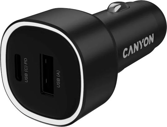 Canyon Auto-Ladegerät 48W Schnellladung mit Anschlüssen: 1xUSB 1xType-C Schwarz Farbe