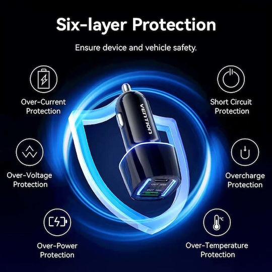 Vention Car Charger 48W with Ports: 1xUSB 1xType-C