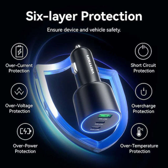 Vention Auto-Ladegerät 100W mit Anschlüssen: 1xUSB 2xType-C