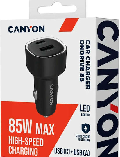 Canyon Handy-Autoladegerät 85W Schnellladen mit Anschlüssen: 1xUSB 1xType-C Schwarz Farbe