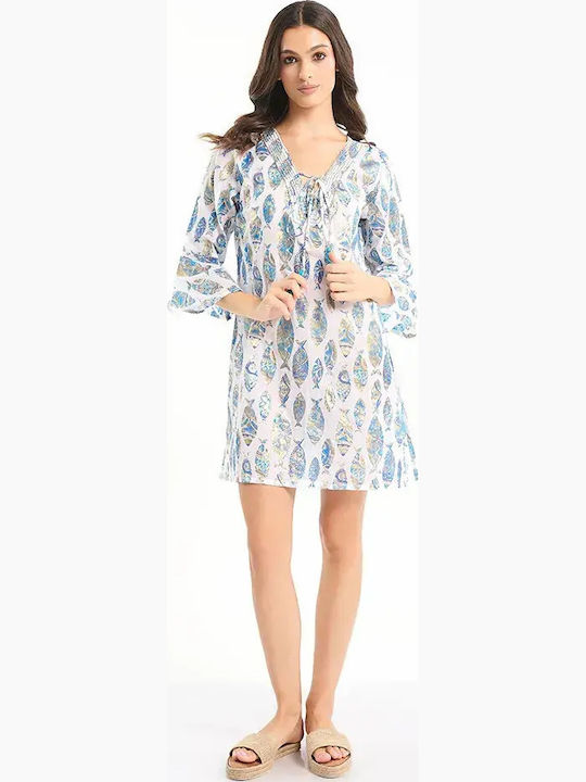 Ble Resort Collection Γυναικείο Καφτάνι Παραλίας Λευκο/μπλε/χρυσο