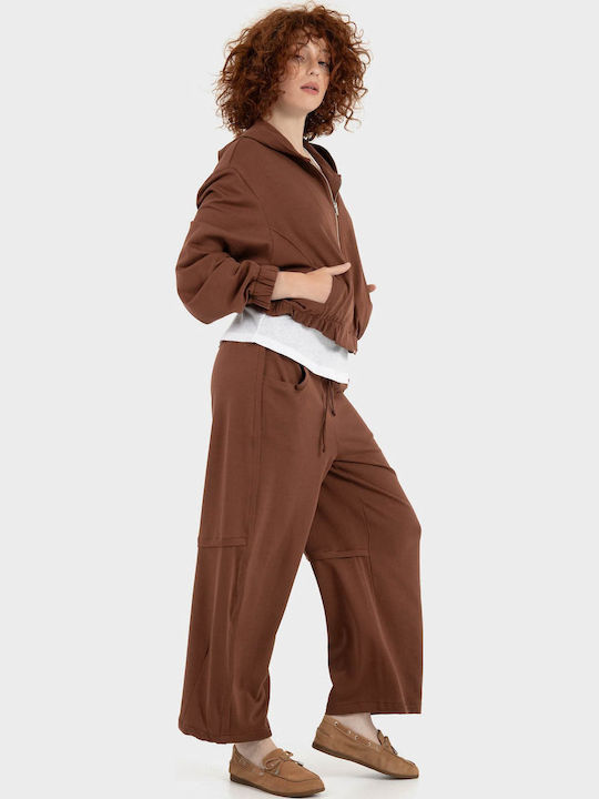 Γυναικεία Ζακέτα Φούτερ με Κουκούλα Brick Brown