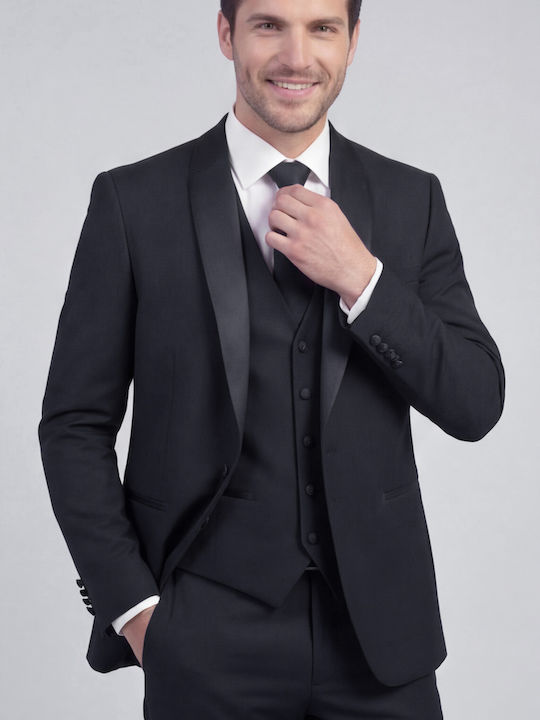Men's Suit with Vest Slim Fit Black