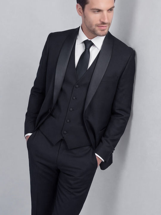 Men's Suit with Vest Slim Fit Black