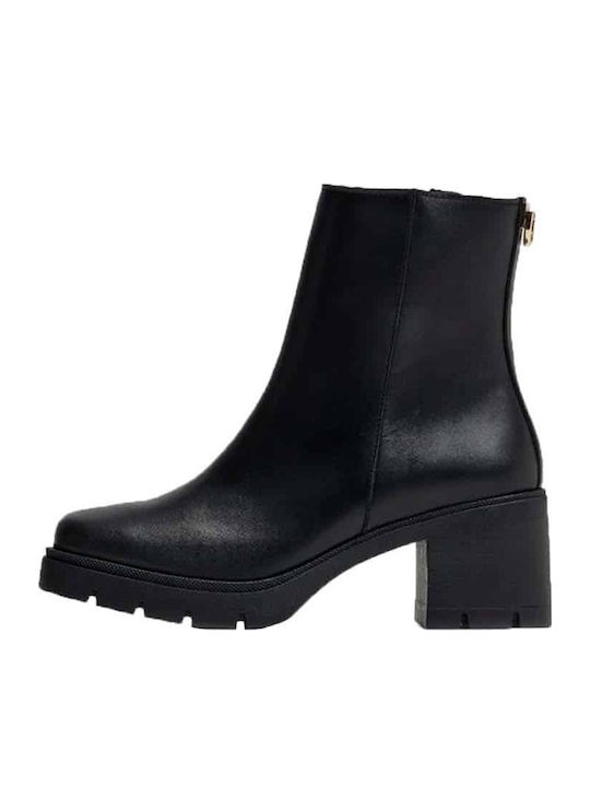 Leder Damen Stiefeletten mit Mittelhohem Absatz Schwarz