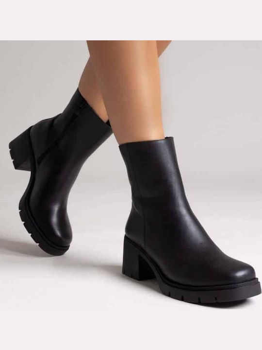 Leder Damen Stiefeletten mit Mittelhohem Absatz Schwarz