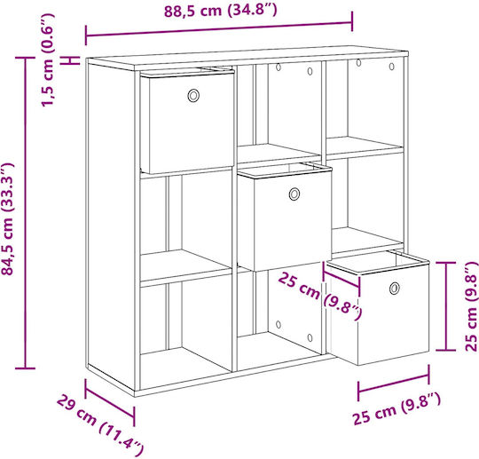 Wooden Storage Drawers with 3 Drawers M88.5xW29xH84.5cm