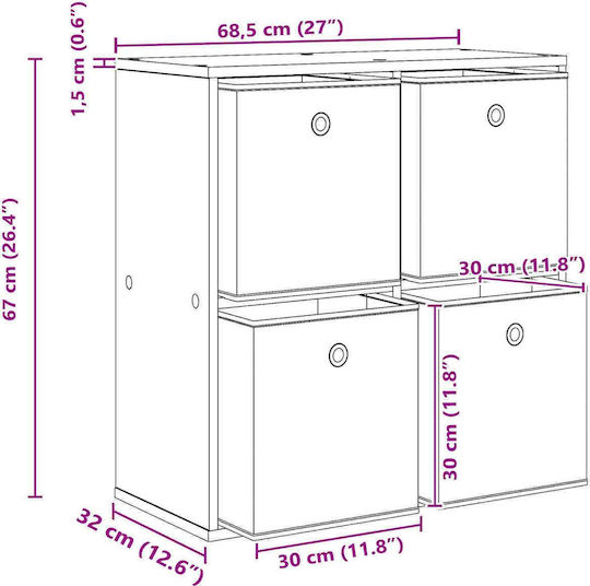 Sertar De Depozitare Din Lemn Cu 4 Sertare L68,5xL32xÎ67cm