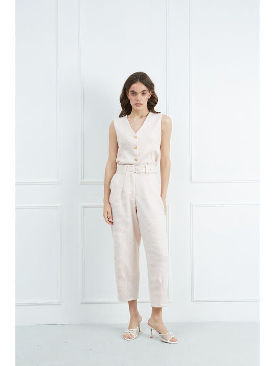 Women's High Rise Fabric Trousers in Mom Fit Beige