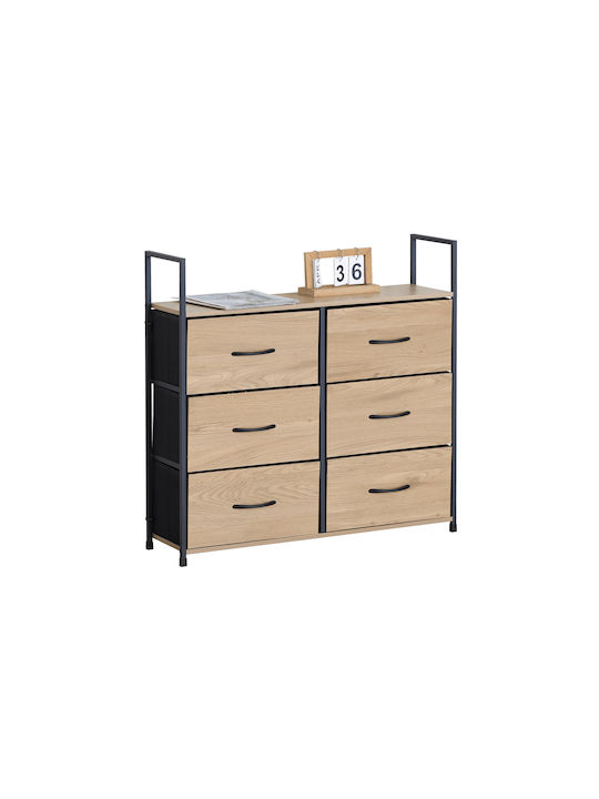 Kommode für Schlafzimmer aus Holz & Metall mit 6 Schubladen Eiche Schwarz mit Stoffüberzug 80,1x23,5x80cm
