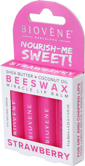 Biovene Barcelona Bienenwachs Erdbeere Extra-Feuchtigkeitsspendender Wundermittel Lippenbalsam Trockenheit 4 Τμχ