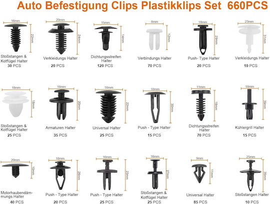 Set Profesional 715 Bucăți Clipsuri Universale de Fixare Auto 660 Clipsuri de Caroserie + 6 Unelte de Demontare + Coliere din Plastic + Garnituri din Spumă Compatibile Bmw Mercedes Toyota Honda Nissan Mazda Jeep Kit Complet de Reparații și Tapițerie Auto